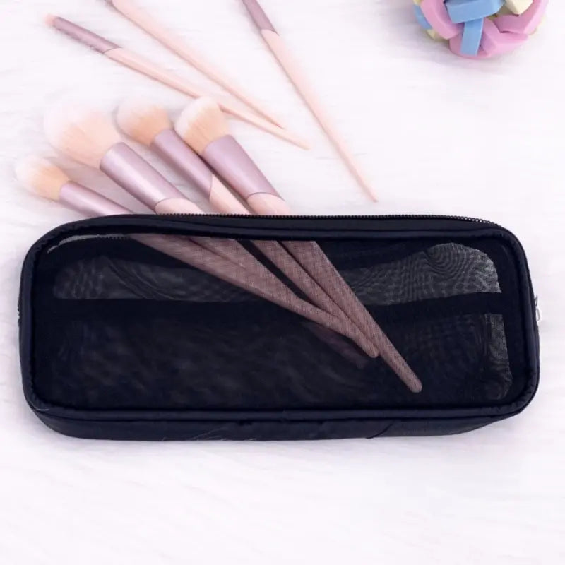 Portable Black Mesh Makeup Bag for Travel Organizing