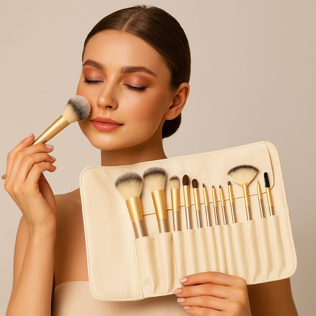 Beige Makeup Brush Set - 12/18/24 Brushes Portable