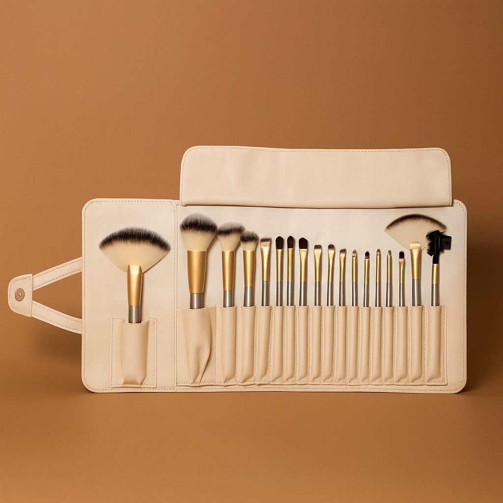 Beige Makeup Brush Set - 12/18/24 Brushes Portable