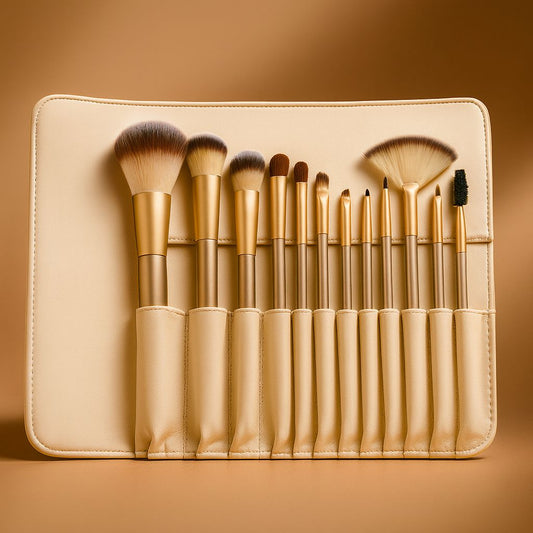 Beige Makeup Brush Set - 12/18/24 Brushes Portable