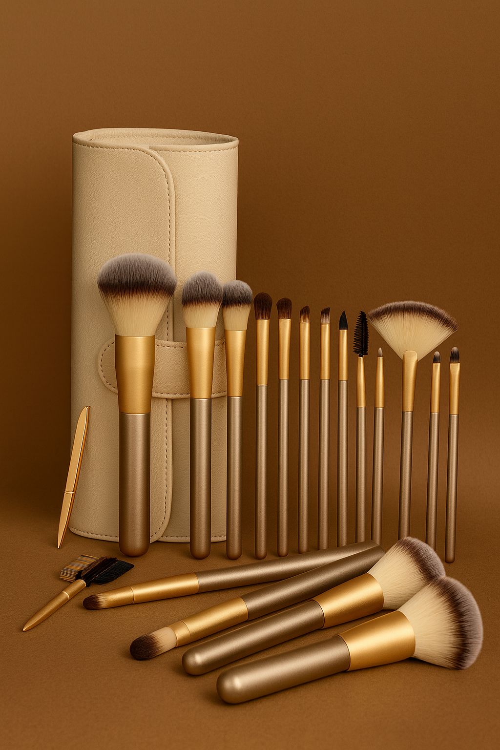 Beige Makeup Brush Set - 12/18/24 Brushes Portable